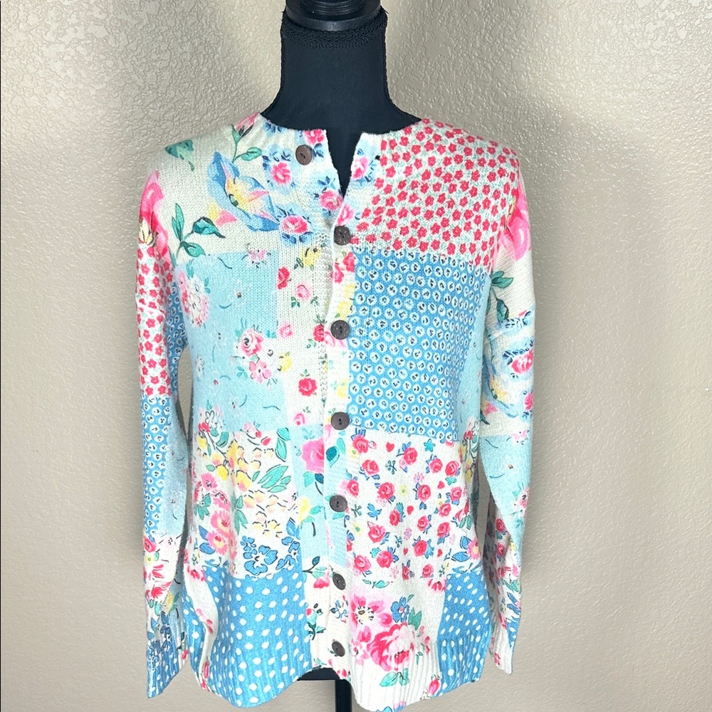 Patchwork Floral Button-Front Cardigan - Light Bl… - image 1